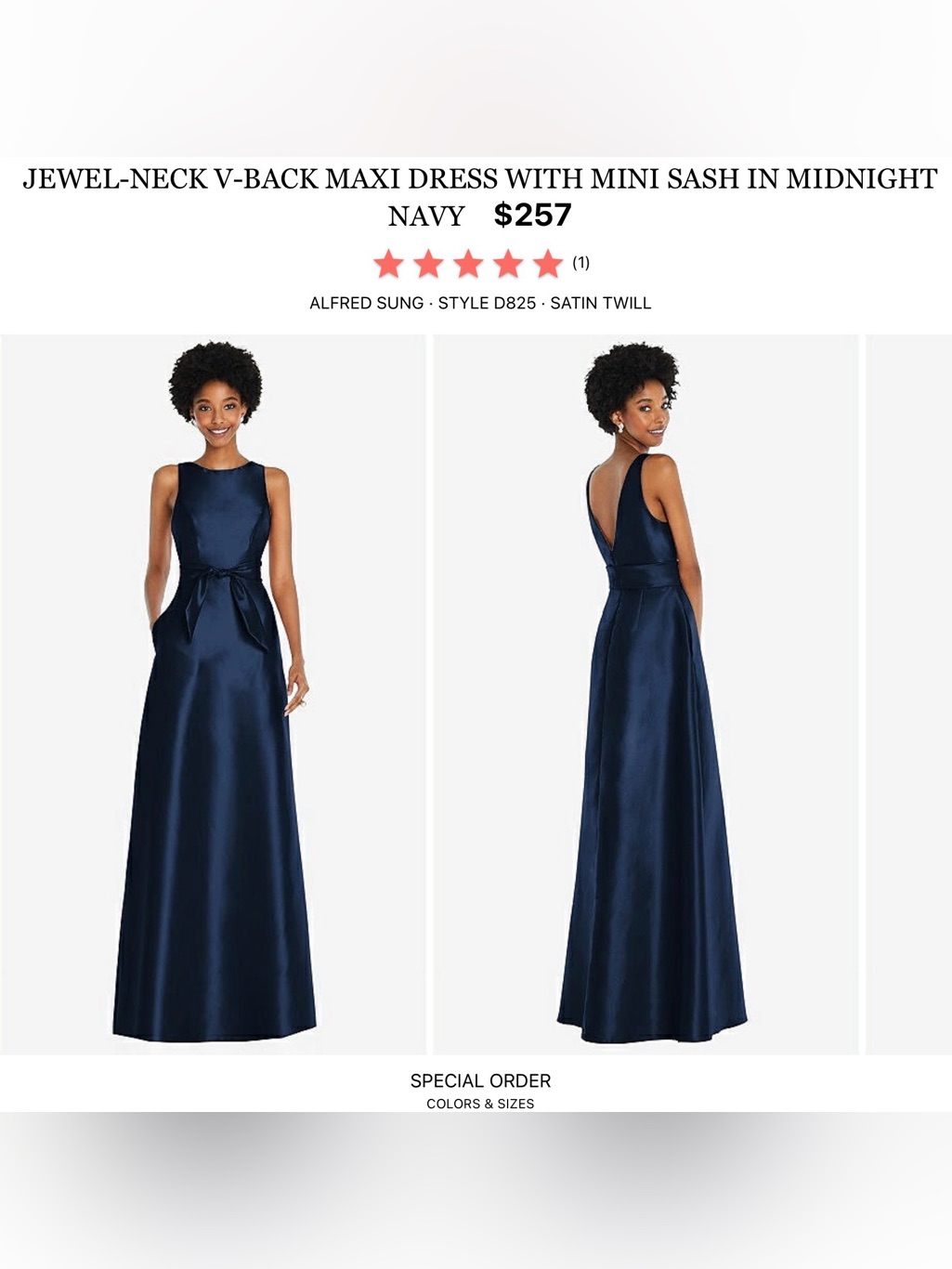 Alfred Sung Midnight Navy Jewel-Neck V-Back Satin Maxi Dress